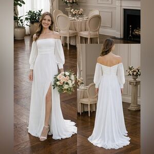 Lulus Adorna Dress White Chiffon Maxi Wedding Off the Shoulder Small